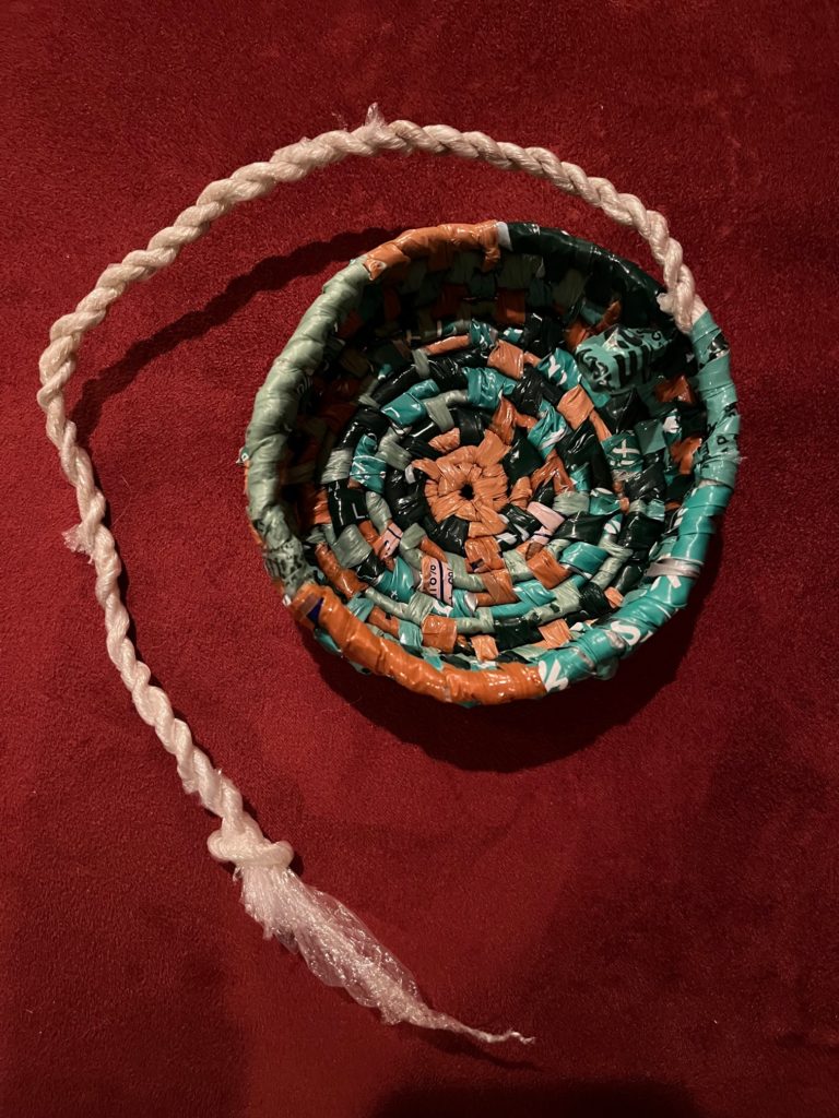 coil basket in progress with Saran Wrap rope as core