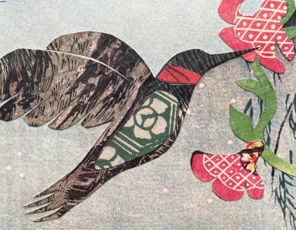 Collage card of humming bird and pink flowers