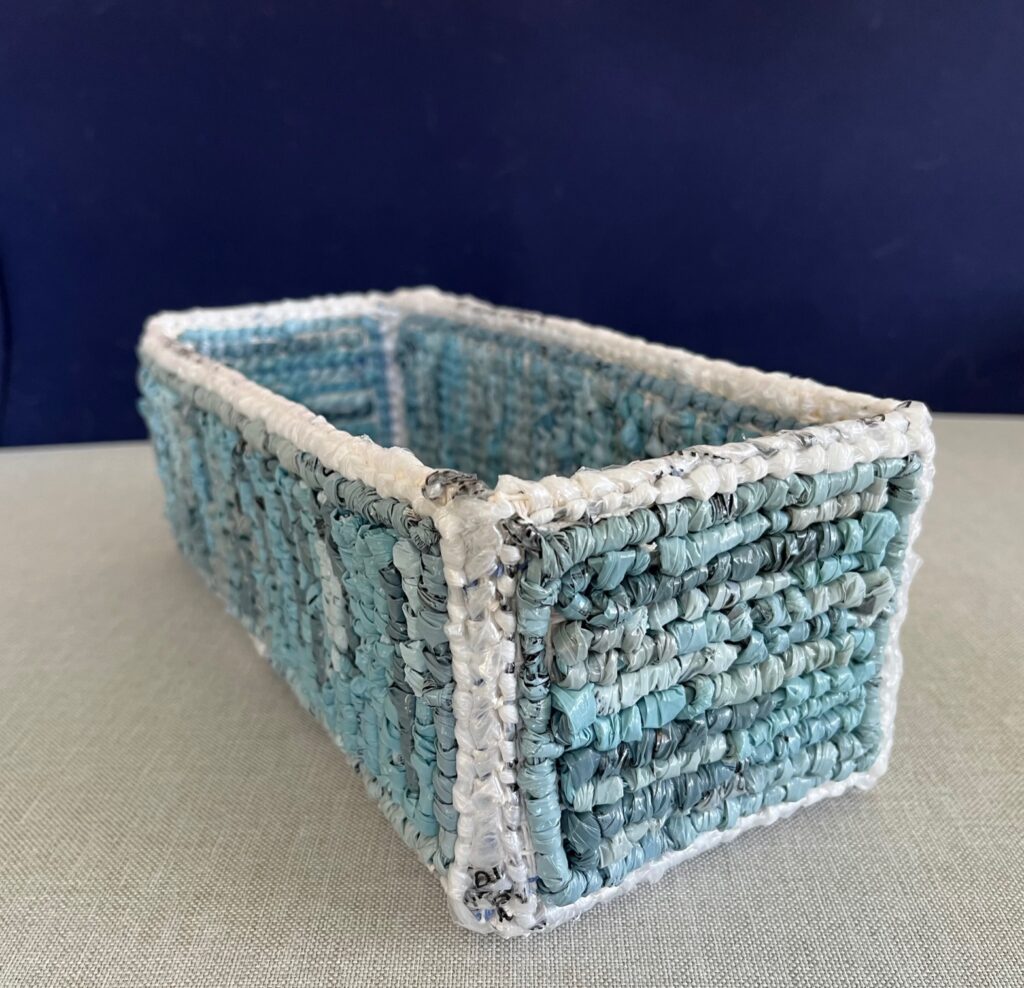 Rectangular locker hooked basket in blue with white edges